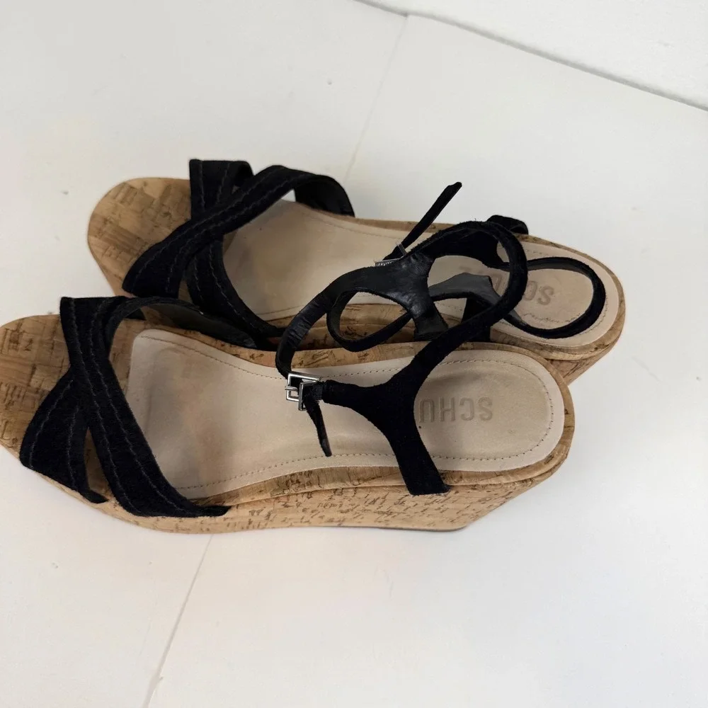 Schutz Black Suede Cork Platform Wedge Sandals Ankle Strap Womens Size 8.5